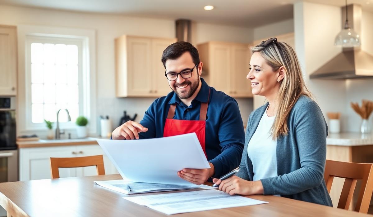 A contractor reviewing project plans with a homeowner at home