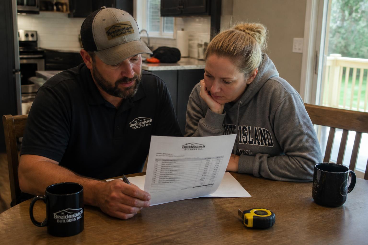 A contractor reviewing project plans with a homeowner at home