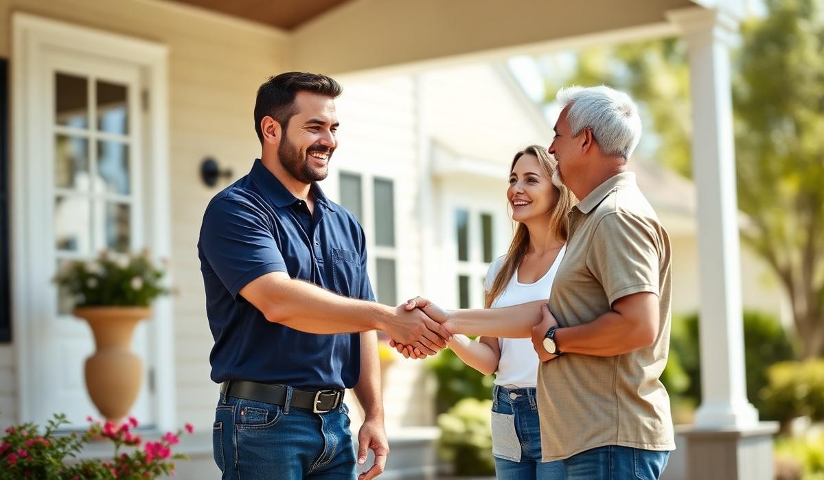 A happy homeowner shaking hands with a local home-service professional