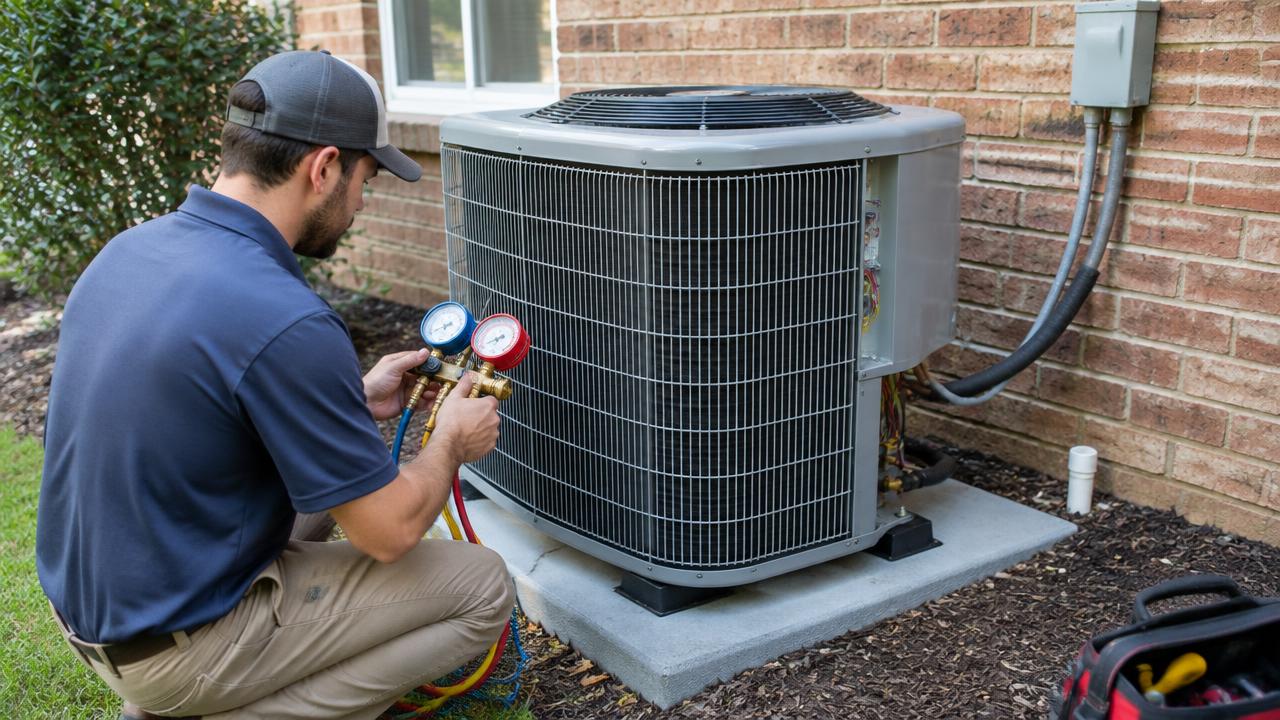 Technician checking refrigerant gauges on a newly installed central air conditioning condenser beside a brick home