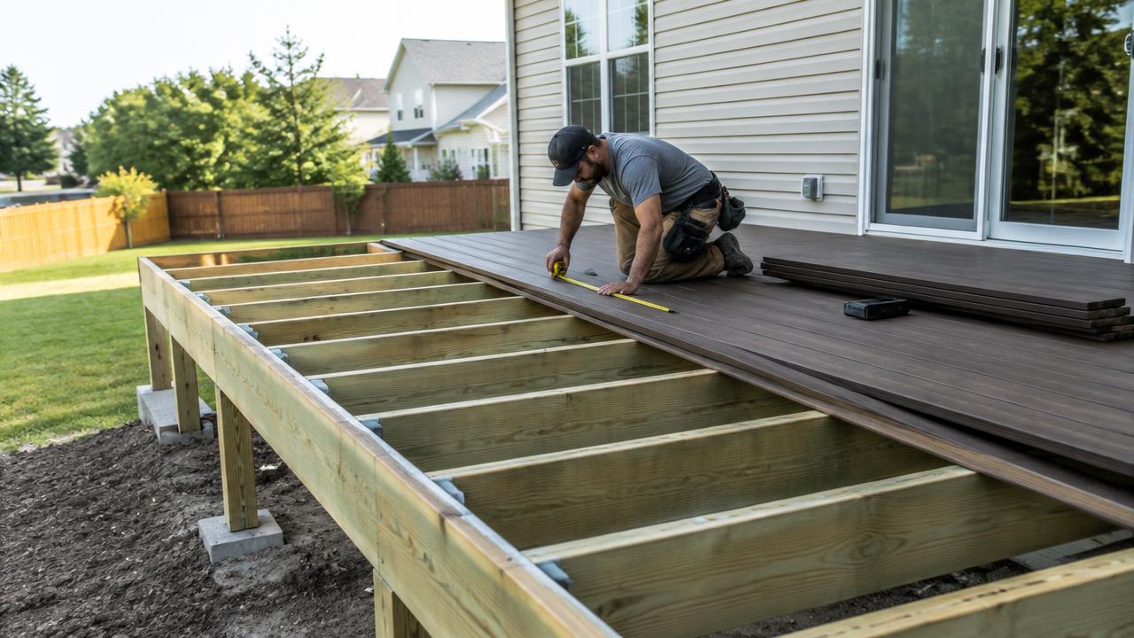 Carpenter measuring composite deck boards over pressure-treated joist framing behind a suburban home