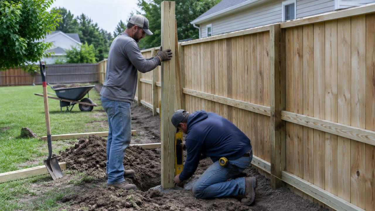 Two workers setting and leveling a wooden privacy fence post in a suburban American backyard