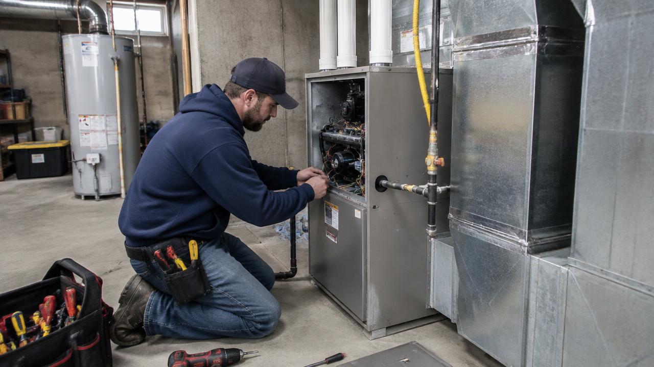 HVAC technician wiring a new high-efficiency gas furnace in a home basement utility room