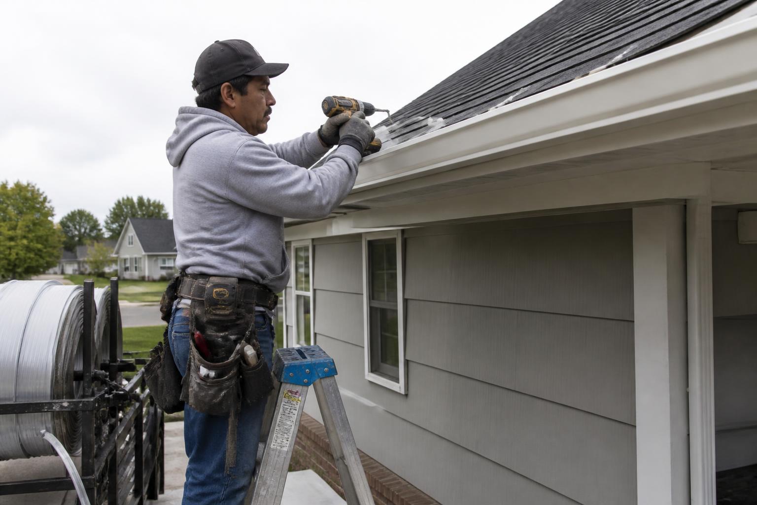Installer securing a seamless white aluminum gutter to the fascia board of an American suburban home from a ladder
