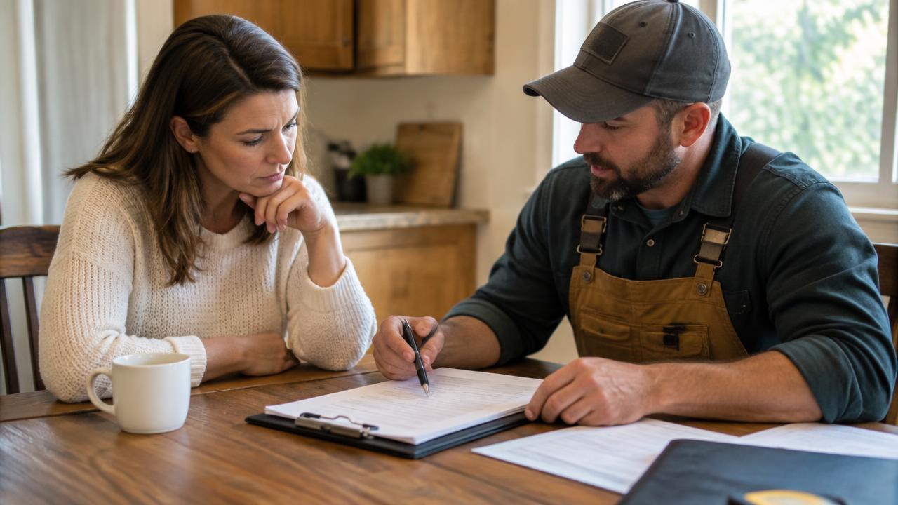 Homeowner reviewing a written estimate with a contractor at a kitchen table