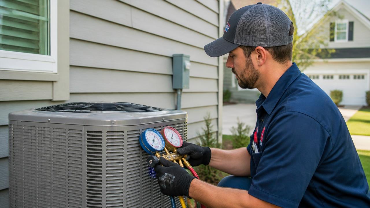 HVAC technician checking refrigerant pressure with gauges on an outdoor AC condenser beside a modern American suburban home