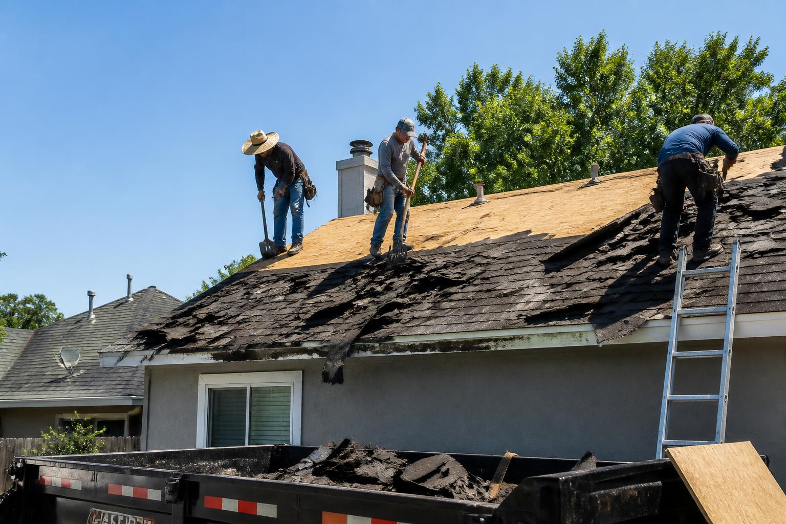 Roofing crew installing dark architectural asphalt shingles on a two-story American suburban home