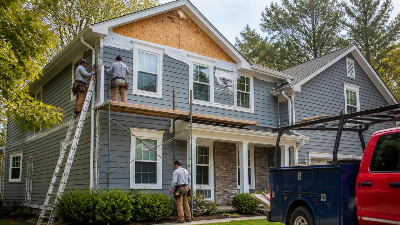 Professional crew installing new gray siding on a two-story American suburban home with scaffolding and a work truck nearby