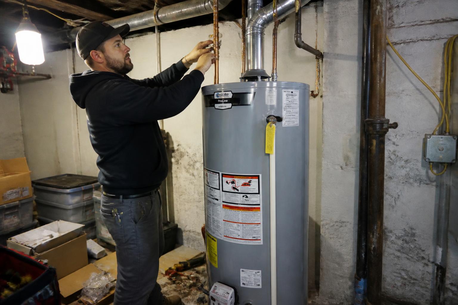 Plumber inspecting a newly installed residential storage tank water heater in a clean basement utility room