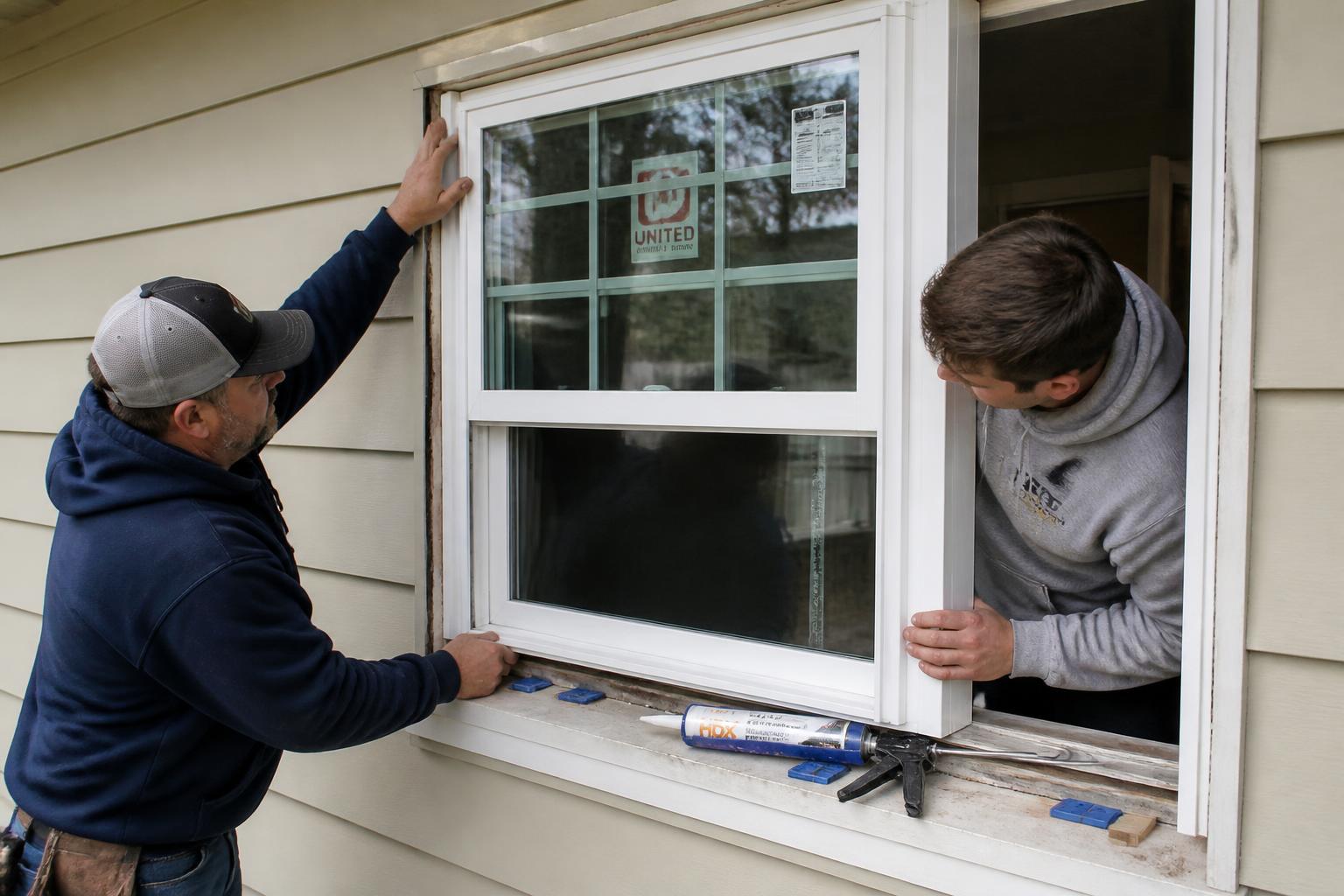Two installers fitting a new white double-hung replacement window on the exterior of an American suburban home