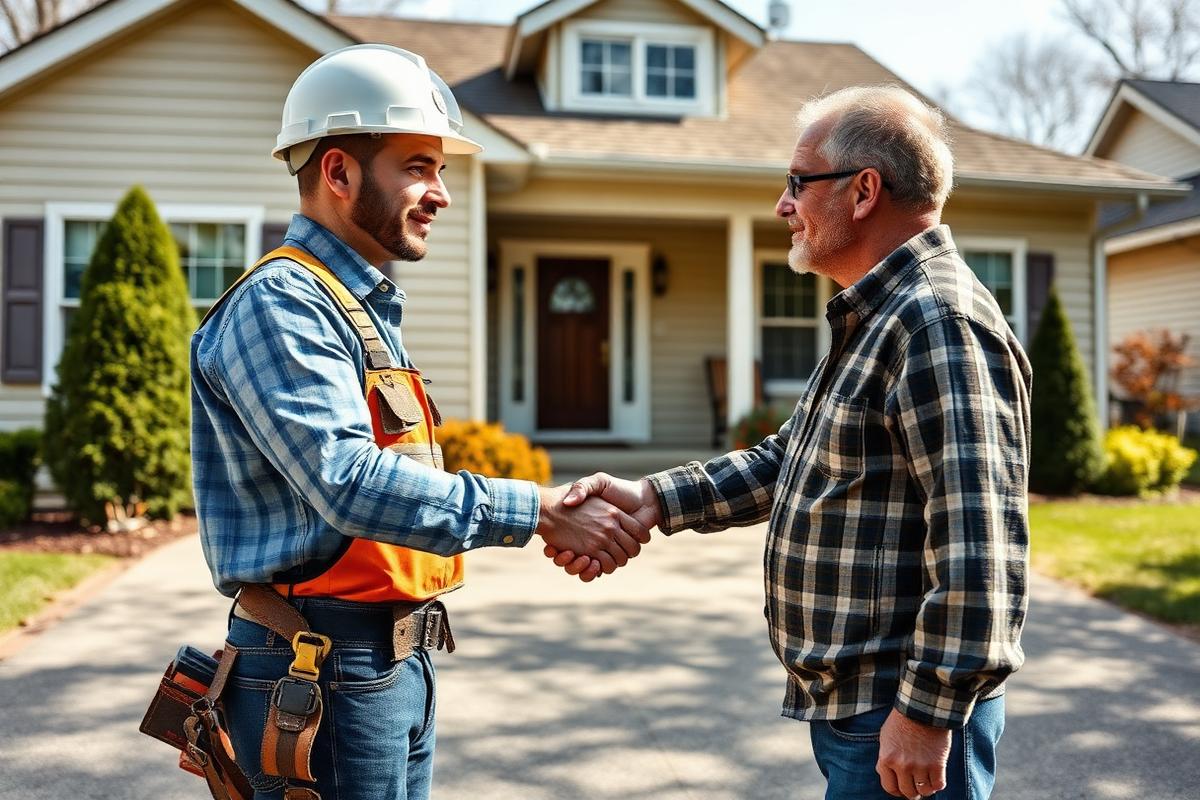 Contractor shaking hands with a homeowner outside a house