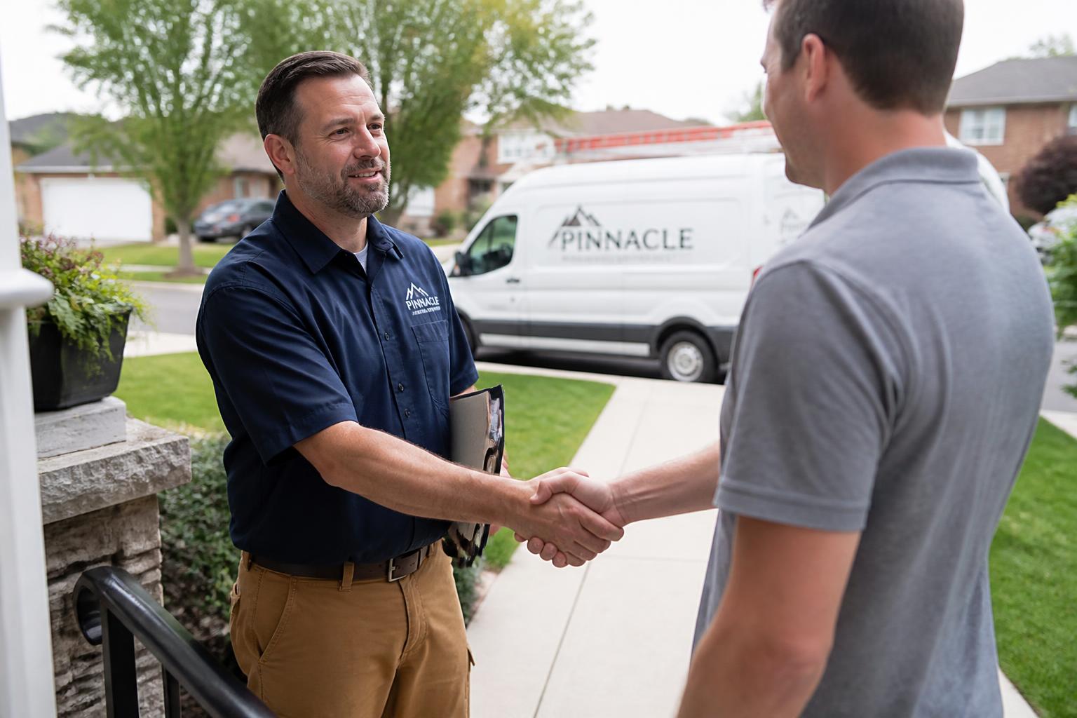 Contractor shaking hands with a homeowner outside a house