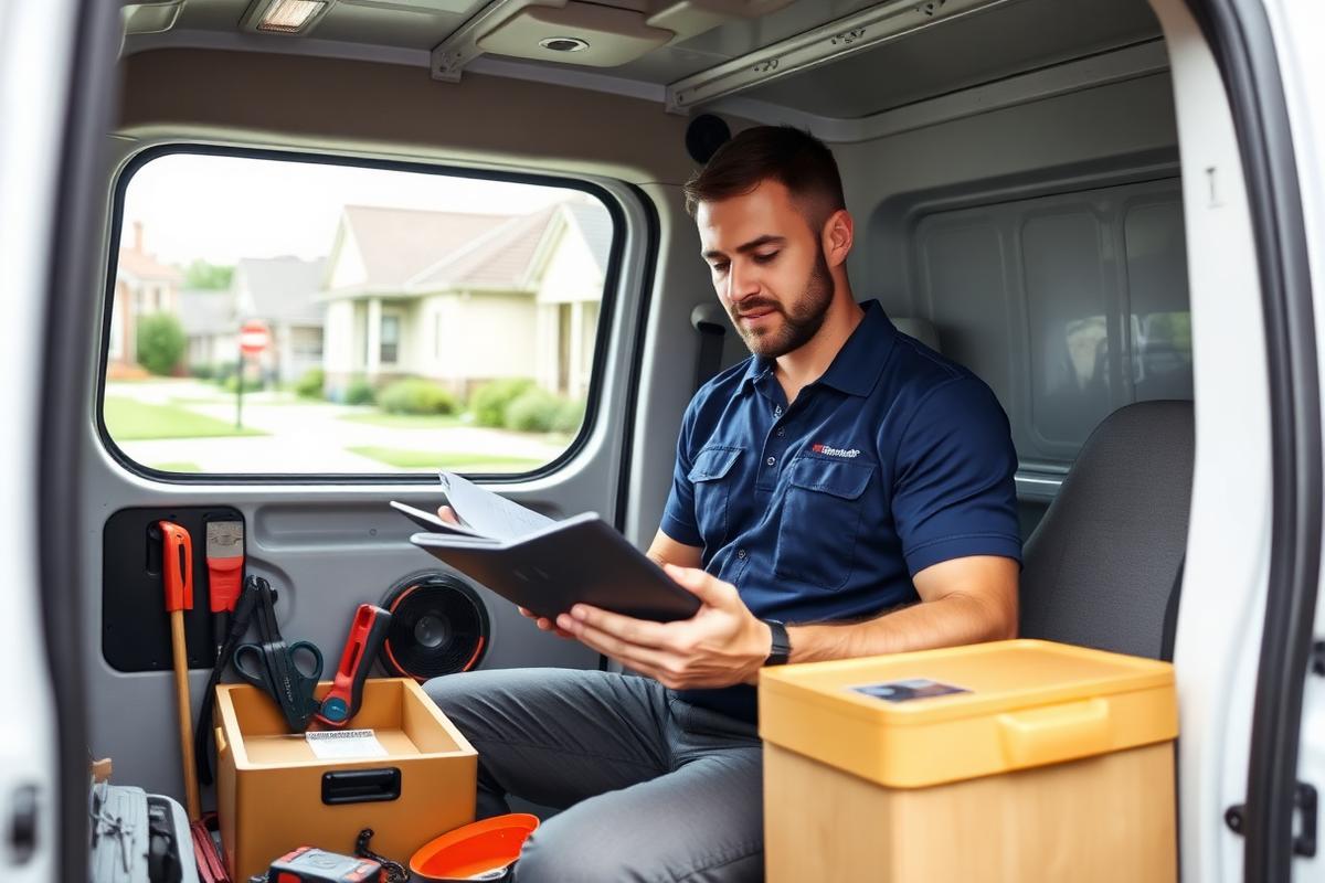 Contractor reviewing project details in a professional work van