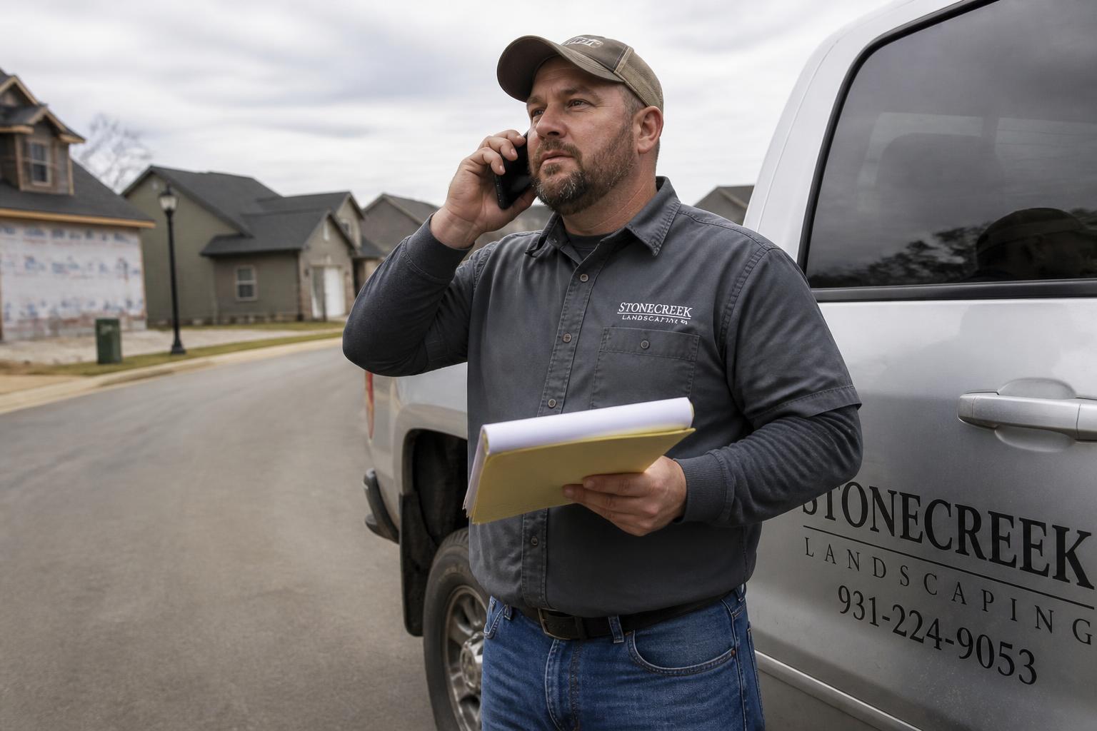 Contractor reviewing project details in a professional work van