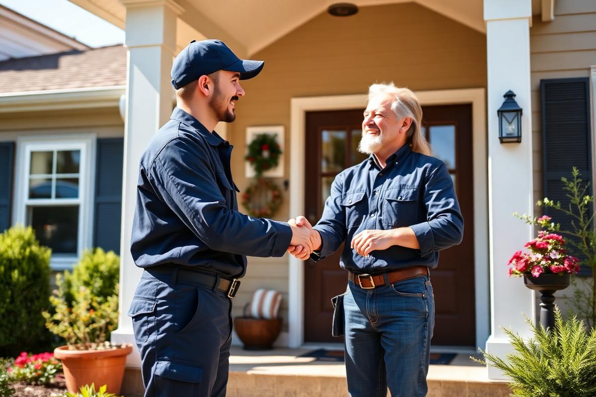 Homeowner shaking hands with a contractor in front of a home