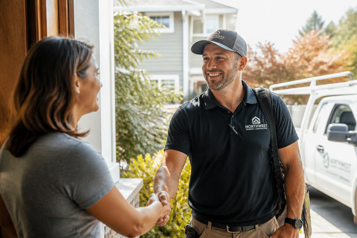 Homeowner shaking hands with a contractor in front of a home