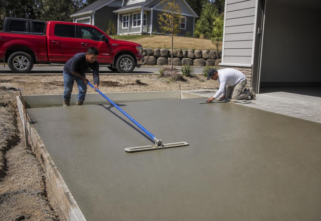 Concrete crew finishing a freshly poured residential driveway