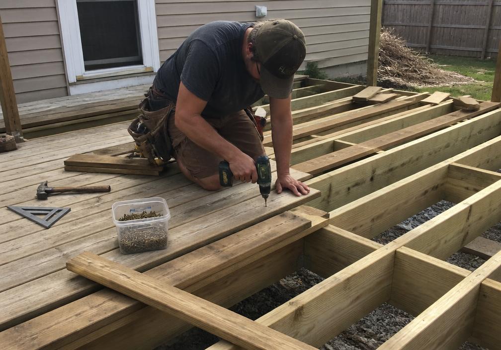 Carpenter building a wood deck in a suburban backyard