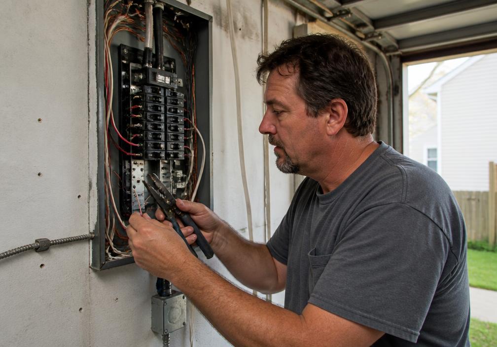 Licensed electrician working inside a home electrical panel