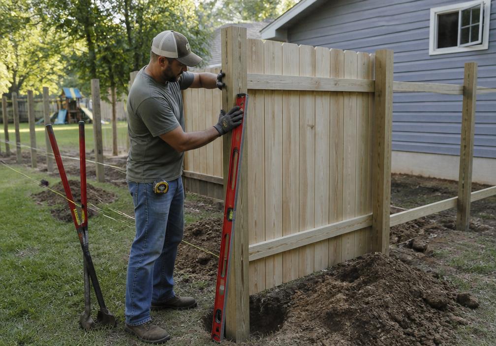 Contractor installing a wood privacy fence in a backyard