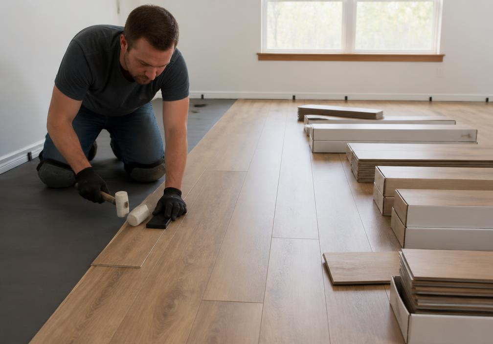 Installer laying hardwood flooring planks in a home