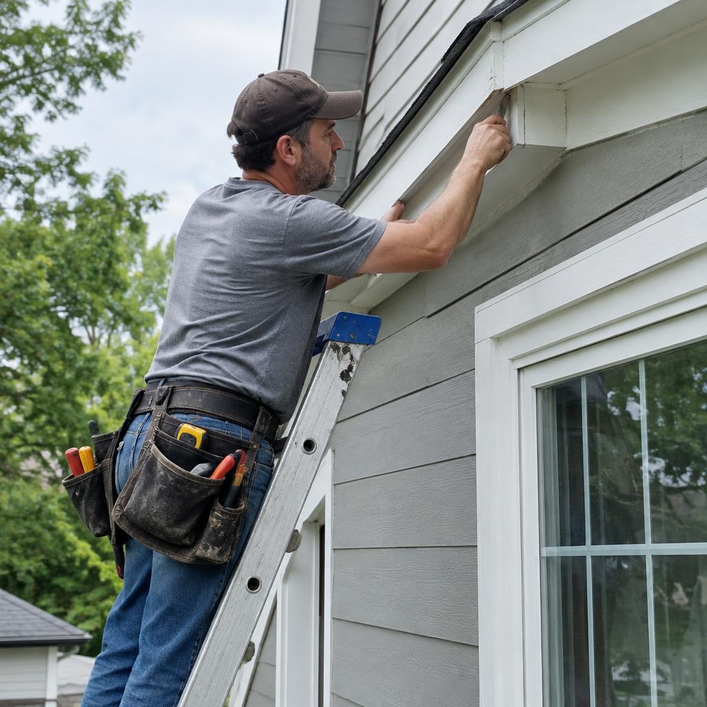 Handyman on a ladder repairing exterior trim on a home