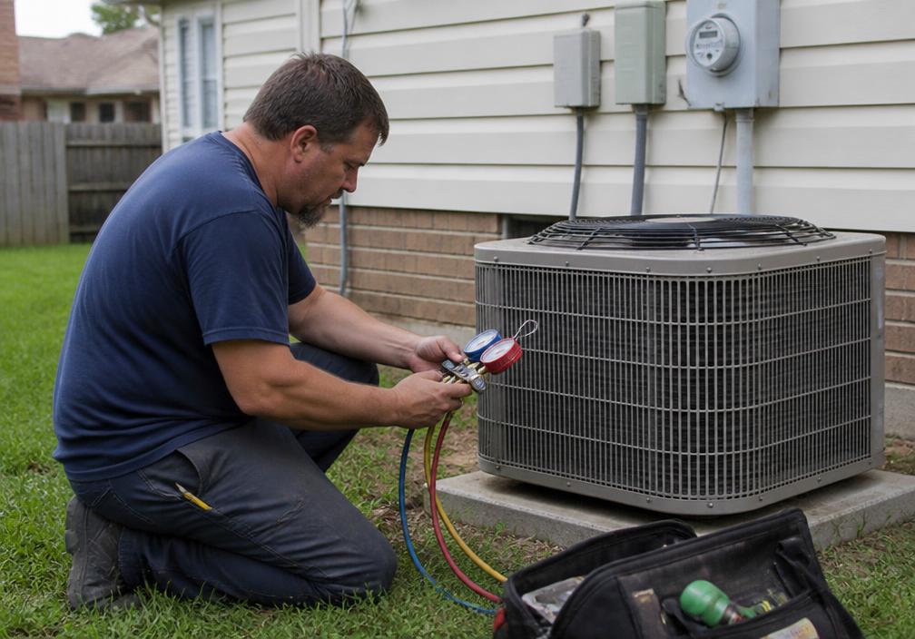 HVAC technician servicing an outdoor air conditioning condenser unit
