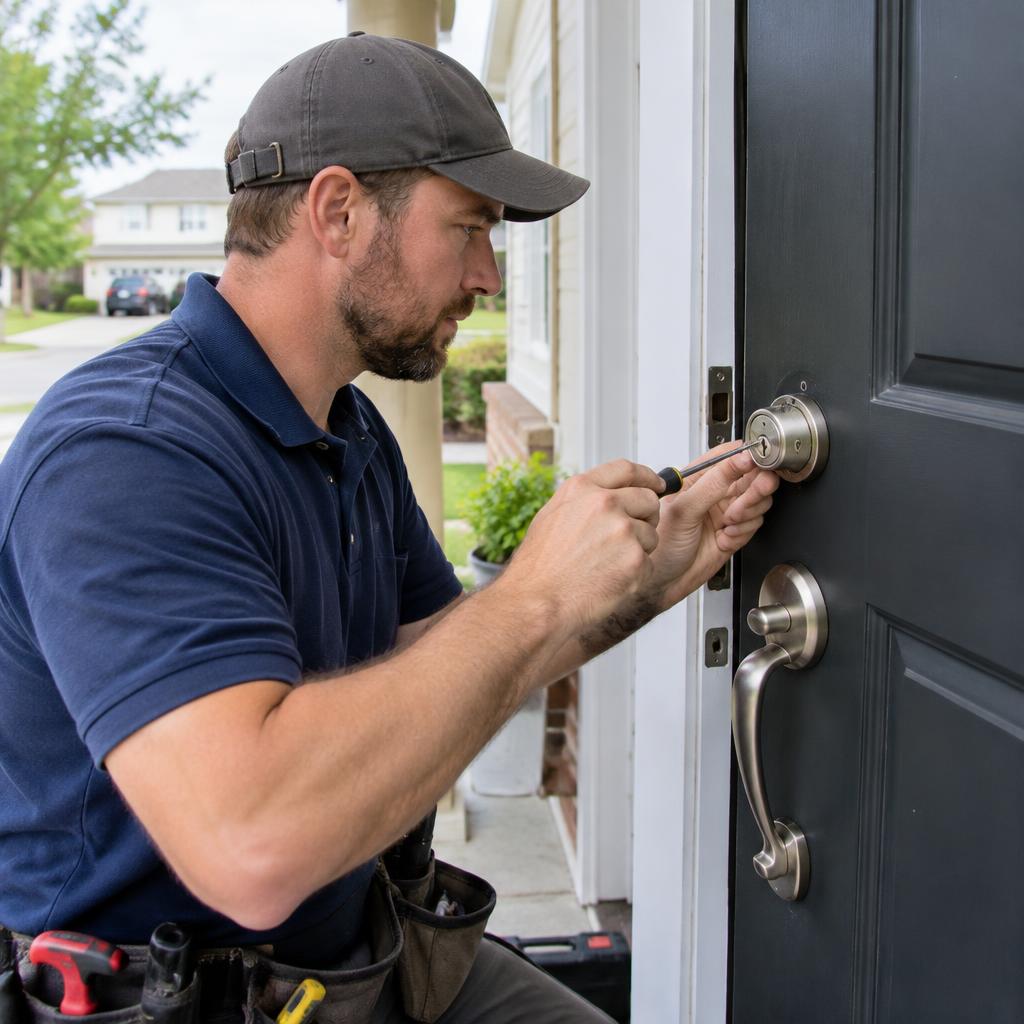 Locksmith installing a new deadbolt lock on a residential front door