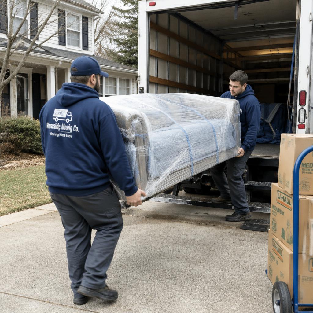 Movers carrying a wrapped sofa from a house into a moving truck