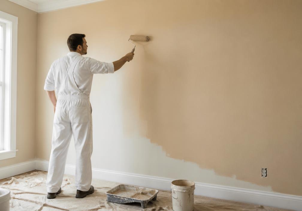 Painter rolling fresh paint on an interior living room wall