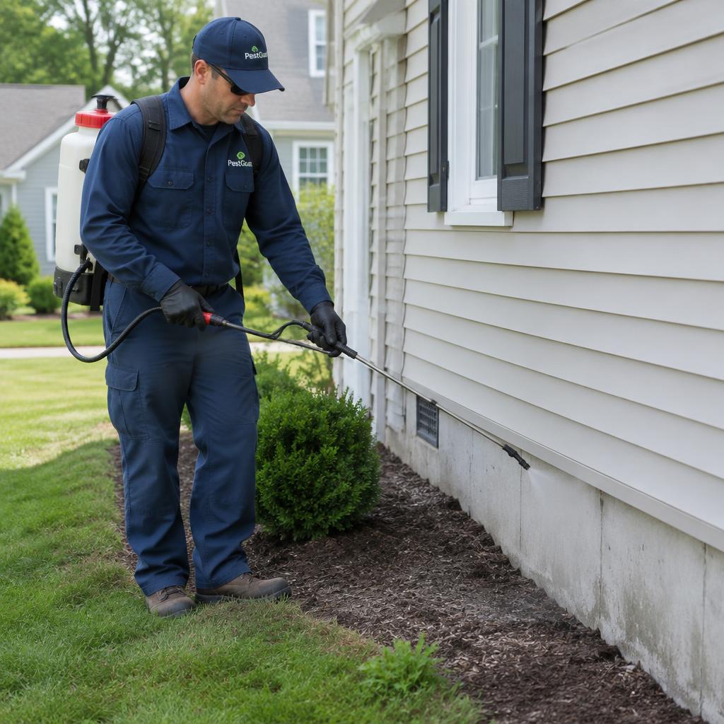 Pest control technician treating the exterior foundation of a suburban home
