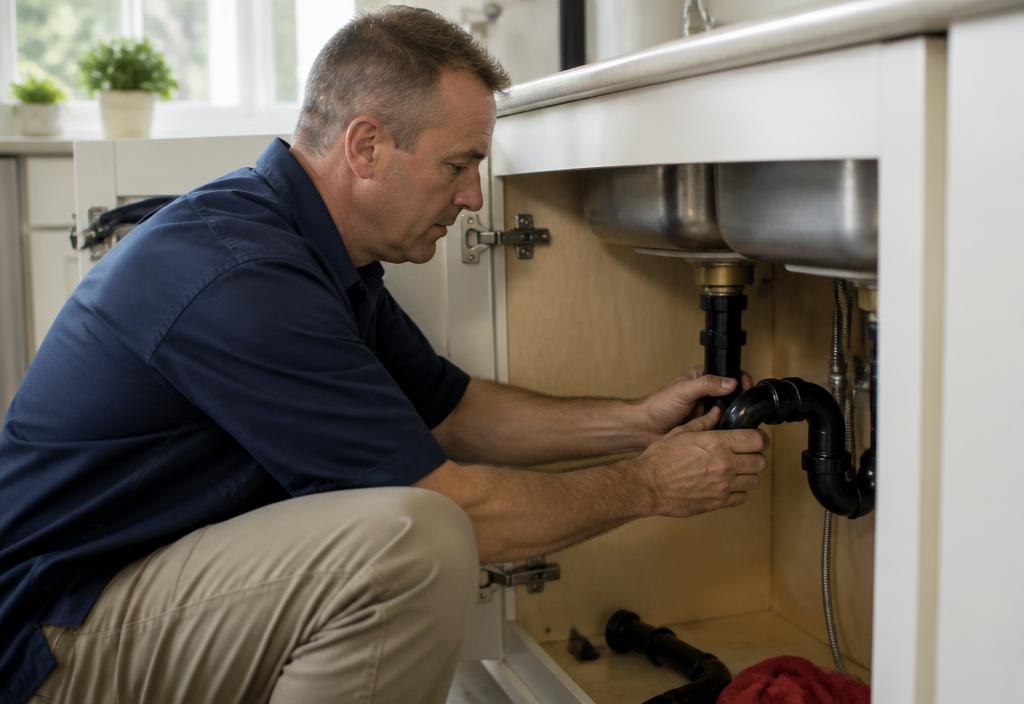 Plumber repairing pipes under a kitchen sink