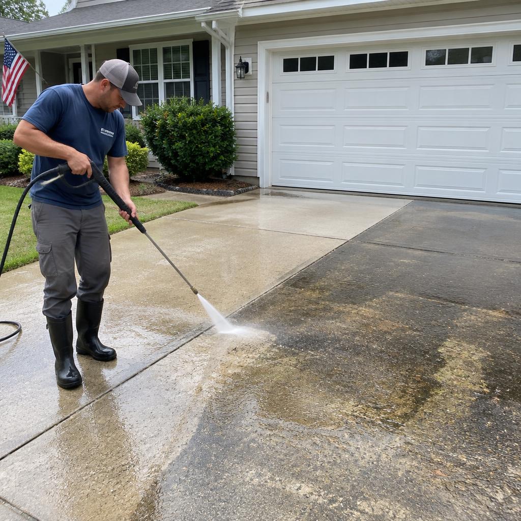 Worker pressure washing a concrete driveway with visible clean and dirty contrast