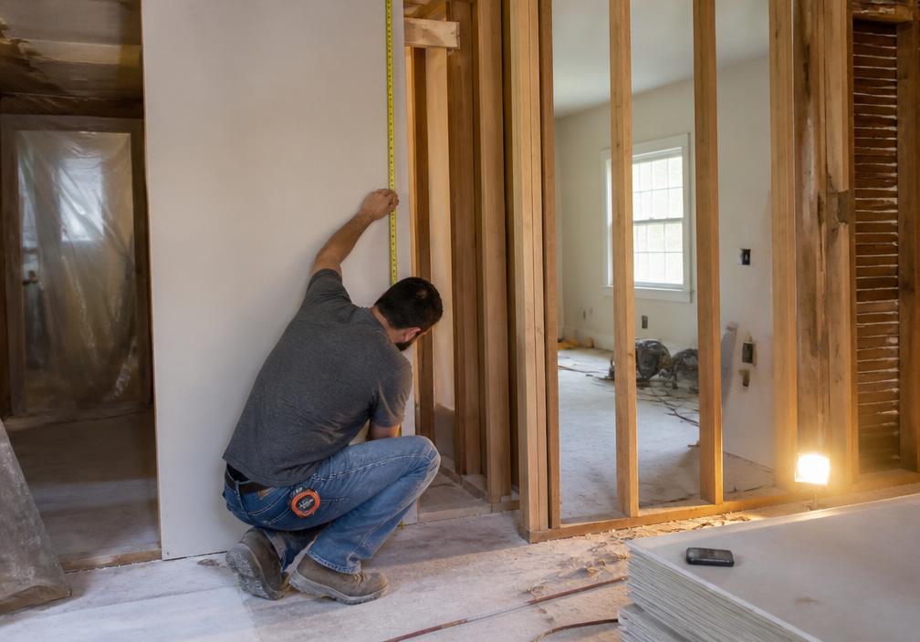 Contractors remodeling the interior of a family home