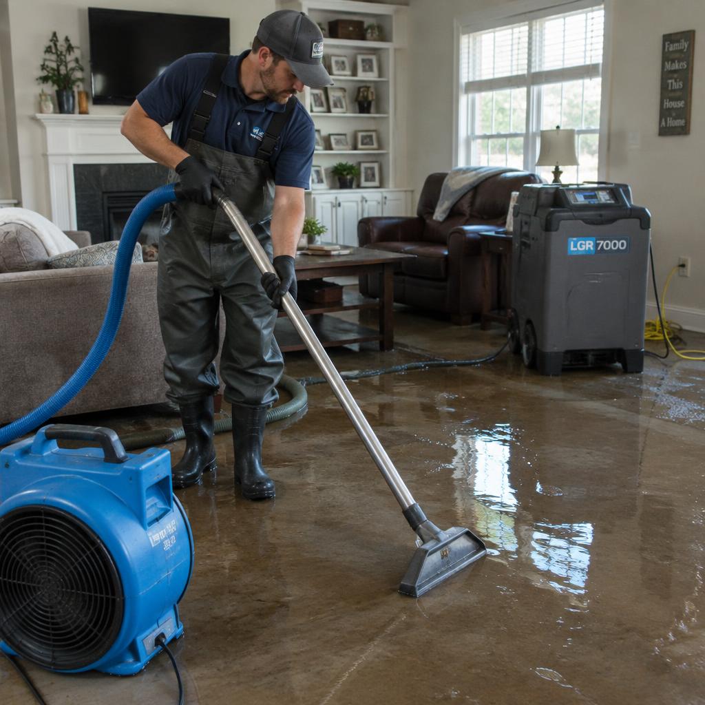 Restoration technician extracting water from a flooded living room with drying equipment