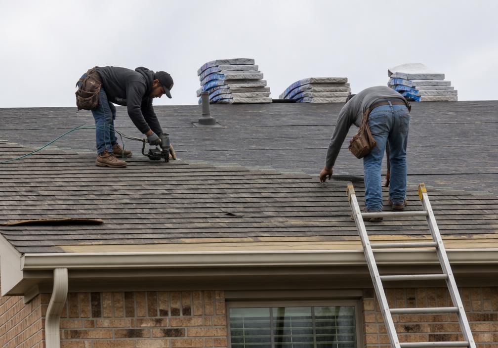 Roofing crew installing new asphalt shingles on an American home