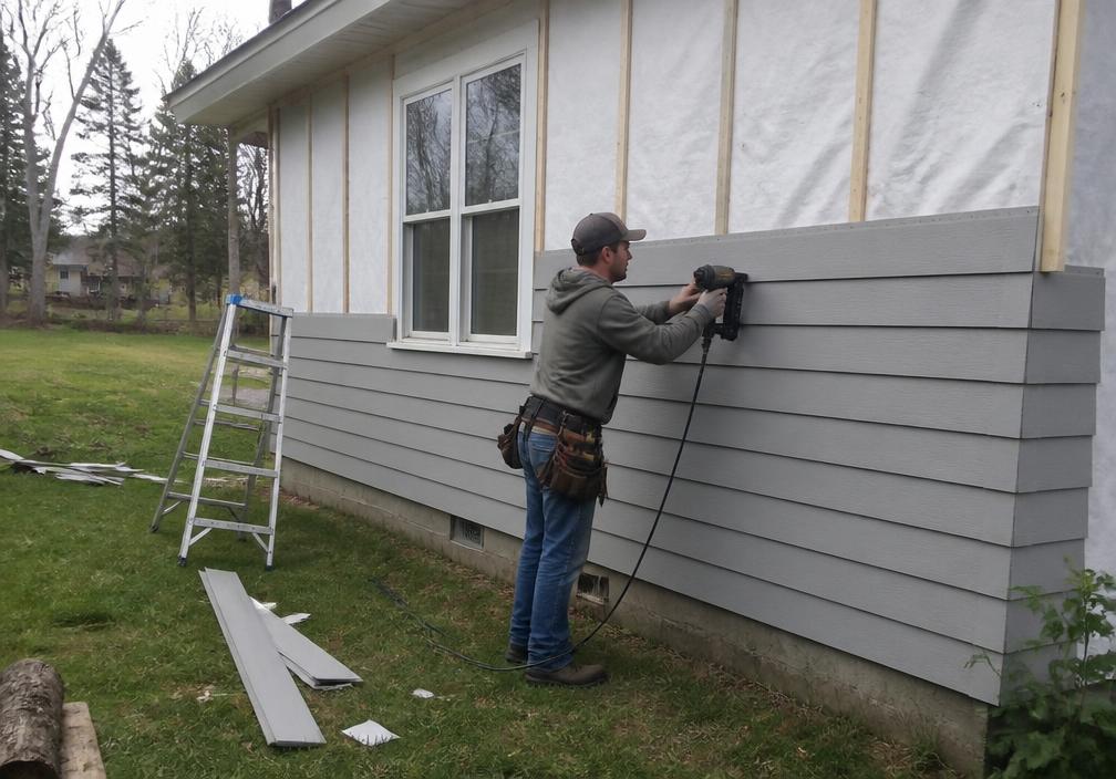 Crew installing new siding panels on a two-story house