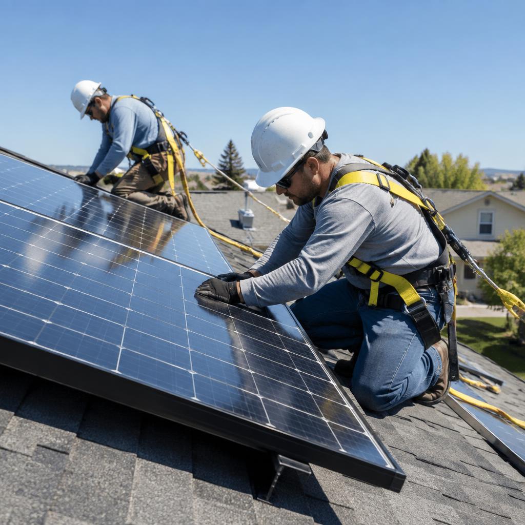 Solar installers mounting photovoltaic panels on a suburban home's shingle roof