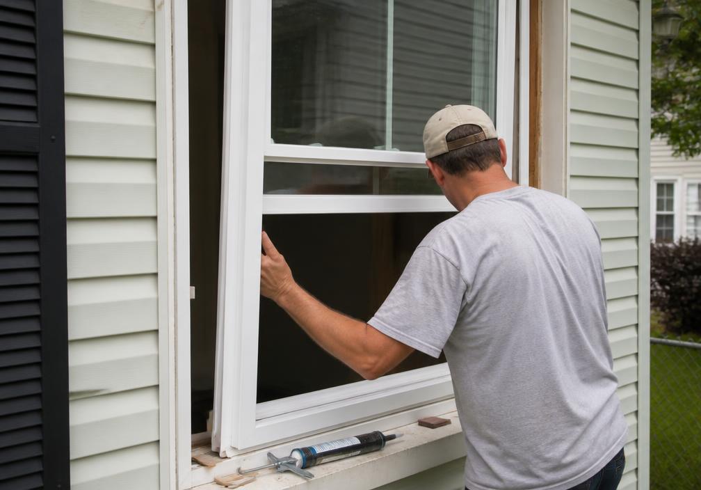 Installer fitting a new energy-efficient replacement window